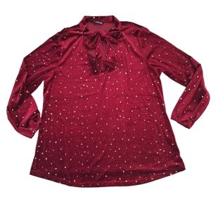 BloomChic Red Velvet Long Sleeved Blouse with Gold Stars & Neck Bow, Sz 14/16